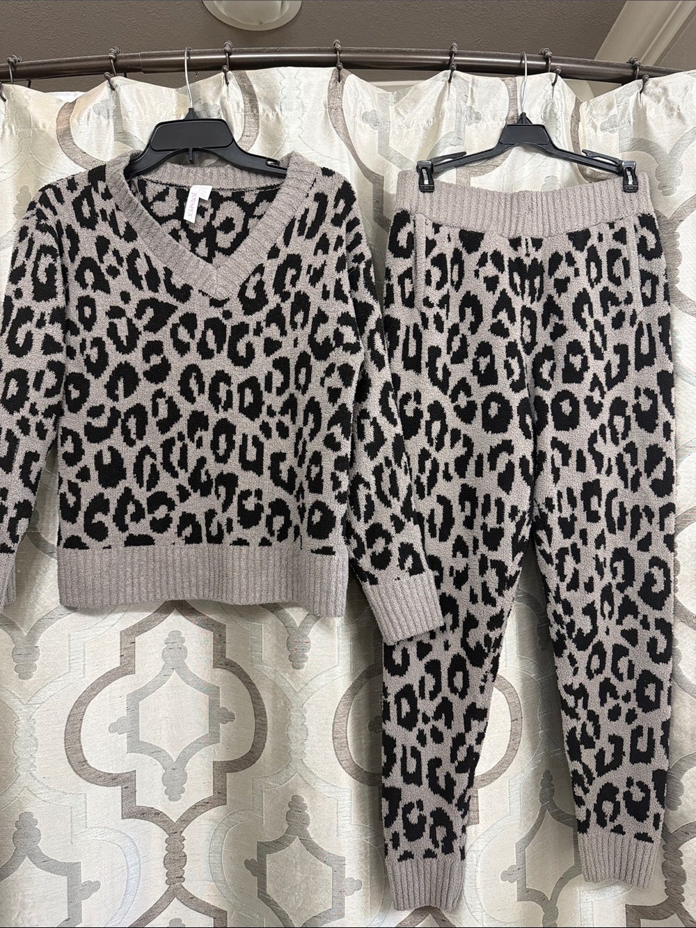 Leopard Print Knit Pajama Set - Taupe & Black